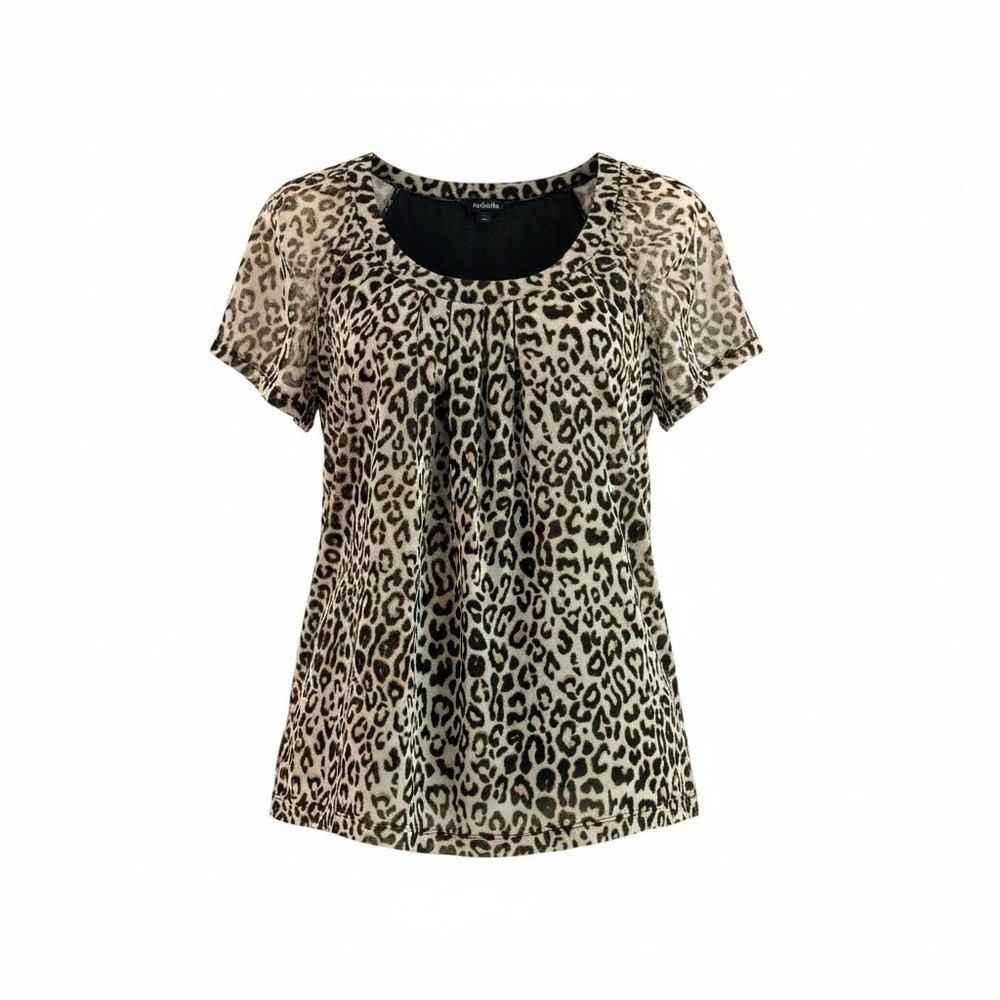 Rafaella Leopard Print Mesh Top Women Large Brown Pleated Scoop Neck Blouse